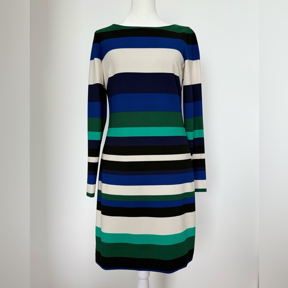 Blue and Green Sheath Dress with Long Sleeves and Bateau Neckline
